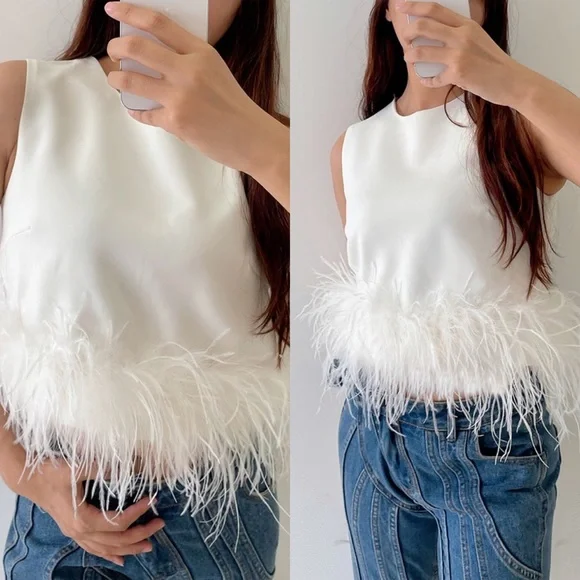 Putting On The Ritz Feather Trim White Top - Picture 7 of 16